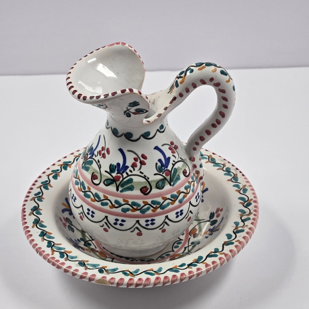 CRUZ Spain Hand Painted Ceramic Pitcher and Bowl Set Floral Pottery White Multi